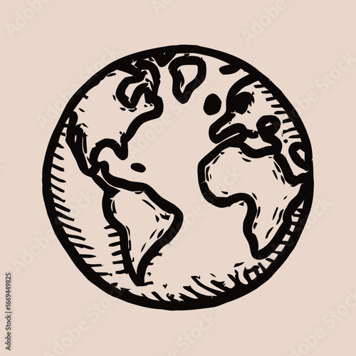An artistic representation of the Earth features continents sketched in a creative outline style. The neutral background enhances the simplicity and modern aesthetic of the globe design.