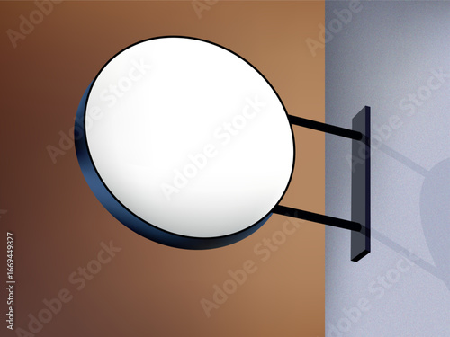 Layout of a round signboard for a cafe, shop, beauty salon, hotel, office, bank. Layout for a logo on a signboard. Round panel bracket. Double-sided neon signboard mockup. Signboard with backlighting