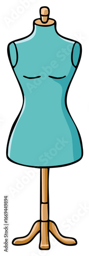 Turquoise dress form with wooden stand for sewing and fashion design