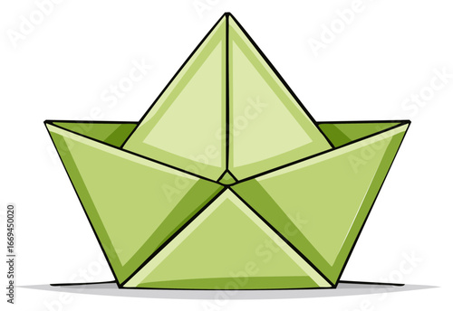 Cartoon style green paper boat folded origami ship illustration