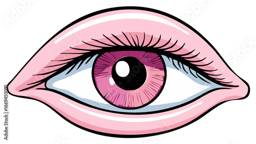 Vibrant Pink Stylized Eye with Purple Iris and Bold Lashes Pop Art Illustration