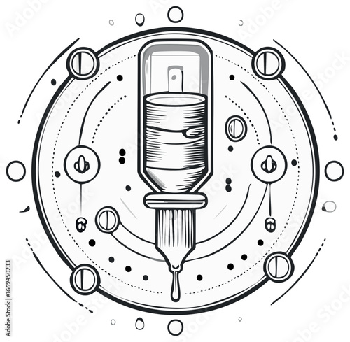 Stylized liquid dispenser dripping fluid in a complex circular scientific abstract illustration