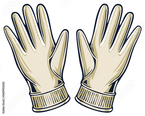 Illustration of two surgical gloves, protective handwear for medical or cleaning personnel, safety equipment