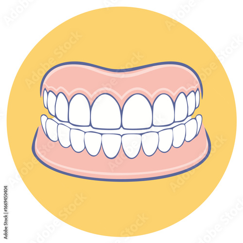 Artificial teeth illustration on a yellow circle background.