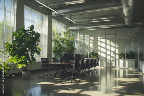 Modern Conference Room with Dark Wood Table, Plants, and Rolling Office Chairs
