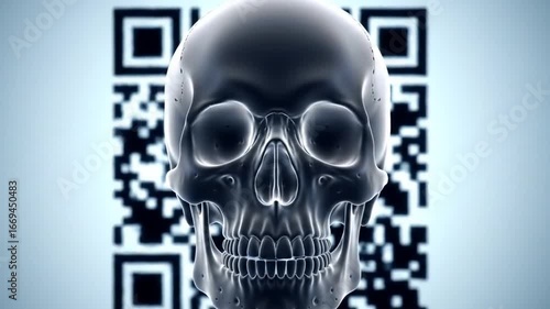 A digital skull illustration with QR codes in the background, symbolizing technology and mortality