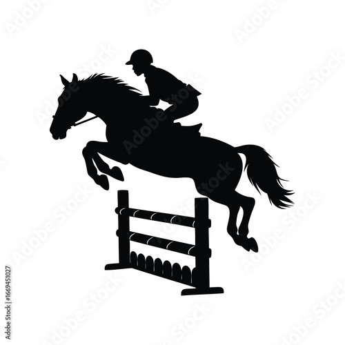 Silhouette of a horse and rider jumping over a fence in competition, horse jumping over obstacle silhouette vector illustration