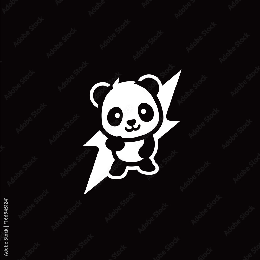 Fototapeta premium A playful panda character stands with a joyful expression while holding a lightning bolt.