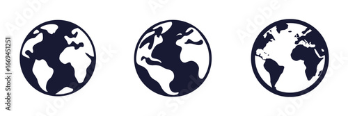 Three distinct globe designs illustrate Earth from various angles and artistic interpretations. Each globe emphasizes unique features, offering diverse visual representations.