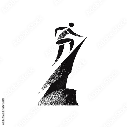 A stylized figure ascends a sharp mountain peak, symbolizing the pursuit of goals and resilience. The design highlights determination and effort in overcoming challenges.