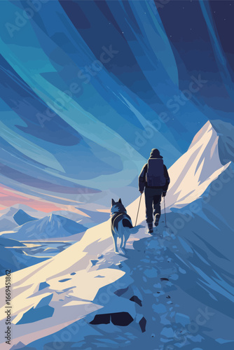 A person and a dog walk along a snowy trail in the mountains, surrounded by vibrant northern lights illuminating the evening sky. The serene landscape offers stunning views.