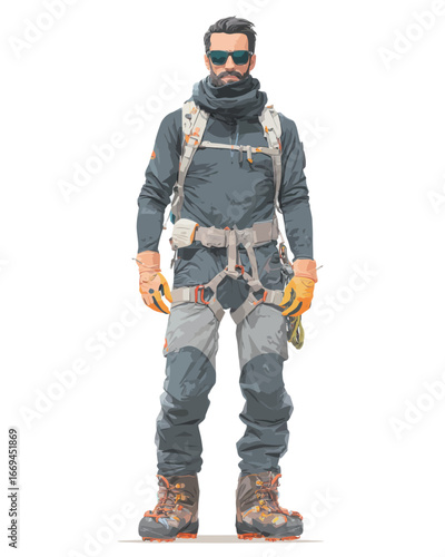 An outdoor adventurer stands confidently in winter gear, fully equipped for a mountain ascent.