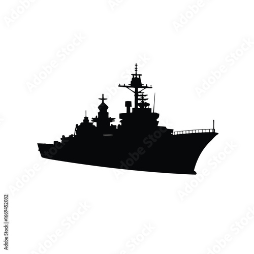 Silhouette of a modern naval warship on a white background creates stark contrast, naval warship silhouette vector illustration