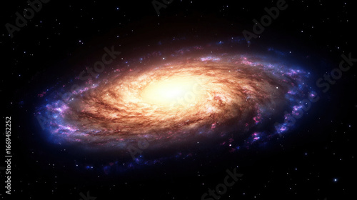 Spiral galaxy glowing with vibrant colors, cosmic dust, bright core, swirling arms, deep space background, mysterious and awe inspiring universe scene