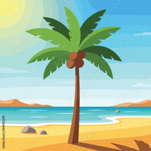 Tropical Beach Scene with Palm Tree and Ocean View