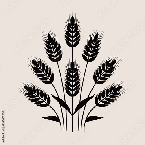 A striking black silhouette of multiple wheat plants is displayed against a light background. The detailed heads of the wheat signify growth and the importance of agriculture in an elegant design.