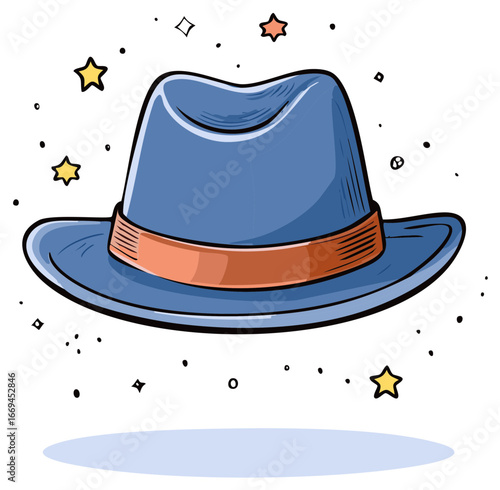 Blue fedora hat with orange band and sparkling stars illustration