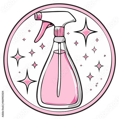 Cartoon pink spray bottle vector for sparkling clean fresh household hygiene solutions