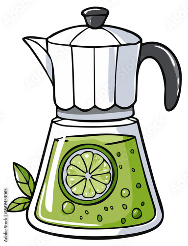 Refreshing lime and mint beverage brewed in a cartoon Moka pot illustration