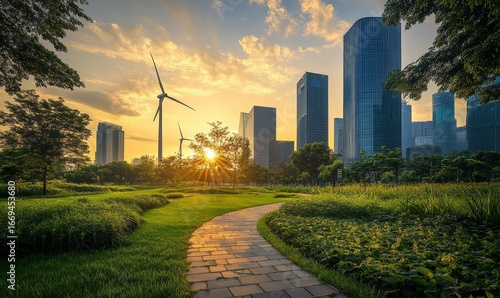 eco-friendly landscape showcasing a sustainable city with renewable energy sources like wind turbines and solar panels, green parks, and modern buildings designed to minimize, Generative AI