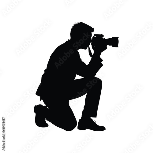 Silhouette of a photographer kneeling down and aiming camera at subject, photographer taking picture silhouette vector illustration