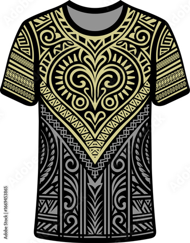 Maori-inspired tee shirt with ornate tribal motifs, black and gold, Traditional, Ethnic, Tribal Jersey with Customizable Name Black and gold, sport creative jersey design, football, volleyball, tennis