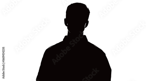 A person stands still with their back facing the viewer, creating a striking silhouette effect against a white background. The mood conveys tranquility and mystery.