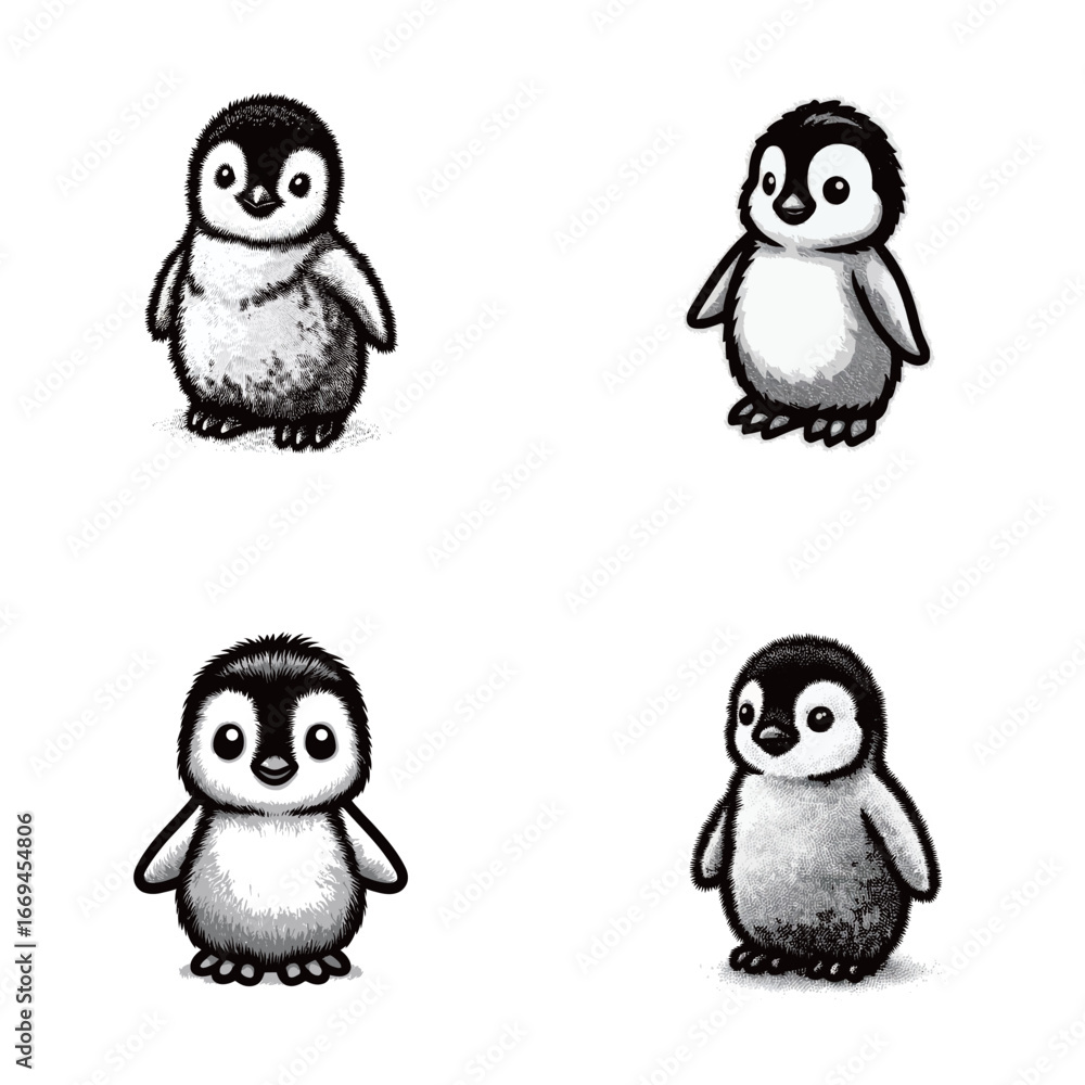 Fototapeta premium Four delightful penguin characters present in different poses, highlighting their adorable features and playful demeanor. Each penguin exhibits a unique expression and stance.