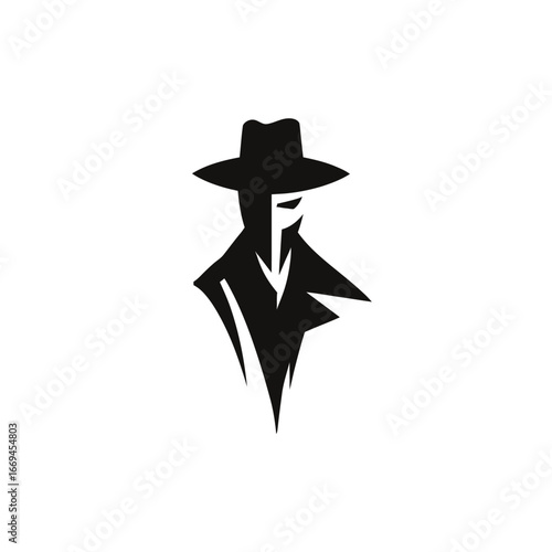 A shadowy figure dressed in a long trench coat and wide-brimmed hat stands confidently, exuding an air of mystery and secrecy. The stark contrast enhances the enigmatic atmosphere.