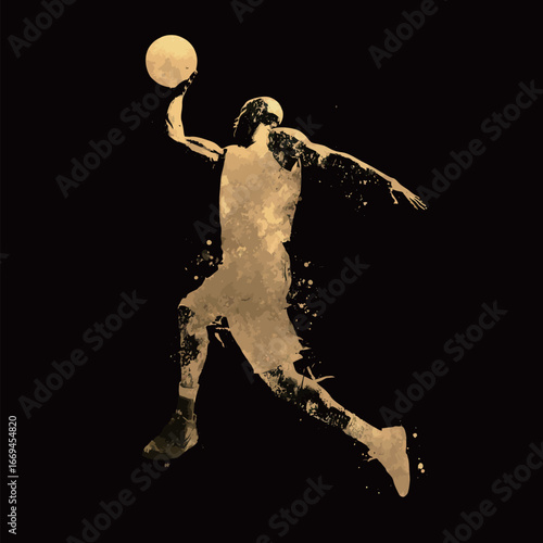 A basketball player leaps into the air, showcasing an impressive dunk. The silhouette is highlighted by a gold texture, creating a striking contrast against the black backdrop.