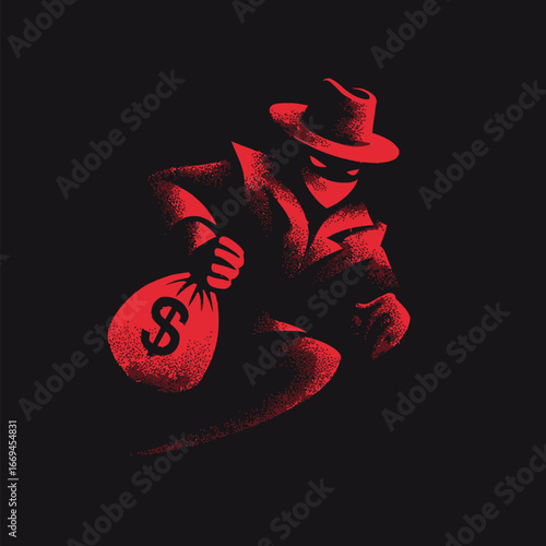 A mysterious figure dressed in a dark coat and hat crouches while holding a red money bag marked with a dollar sign. The shadowy background enhances the secretive nature of the action.