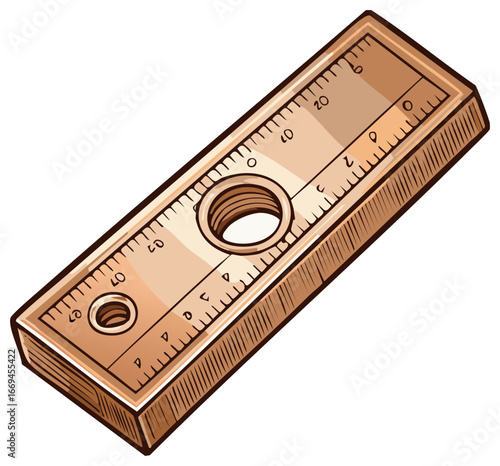 Cartoon style illustration of a brown level measuring tool with markings