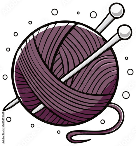 Knitting craft illustration, a large ball of purple yarn crossed with straight metal needles and small circle accents