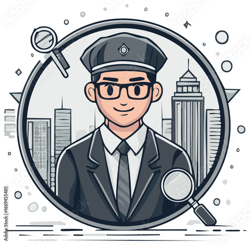 Cartoon Detective Exploring City Skyline with Magnifying Glass Surveillance Profession