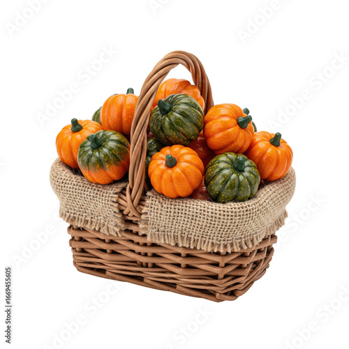 Wallpaper Mural A rustic wicker basket overflowing with an assortment of vibrant orange and green mini pumpkins, ideal for fall, halloween, and thanksgiving decorations. Torontodigital.ca