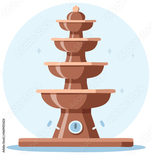 Elegant chocolate fountain with cascading tiers, sparkling blue background, and inviting dessert allure; brown fountain for celebration, confectionery indulgence