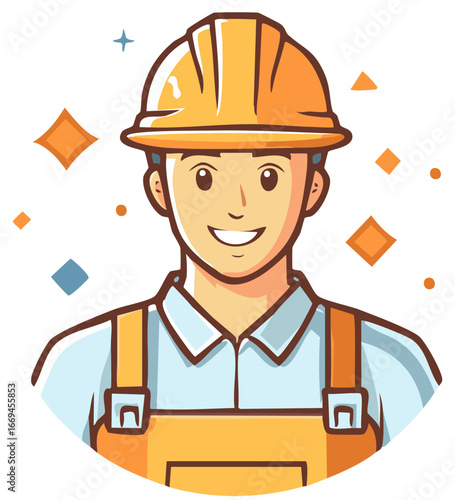 Happy cartoon construction worker wearing safety helmet and work uniform vector illustration