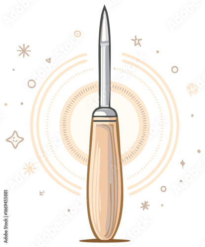 Wood Handle Awl Tool with Silver Needle Point and Decorative Markings