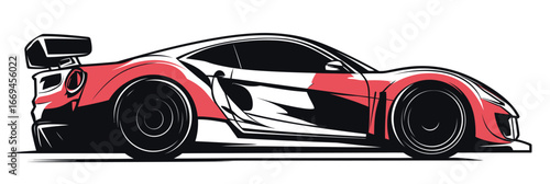 Side view of sleek modern racing sports car with aerodynamic design and red black white color scheme vector illustration flat style