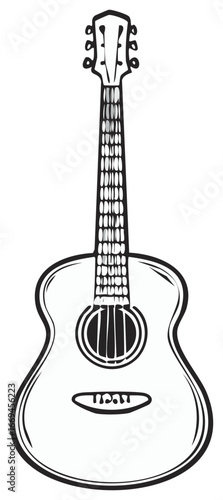 Simple black and white line art drawing of a classic six string acoustic guitar