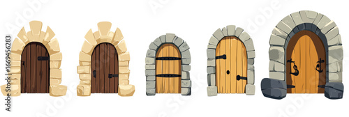Set of five medieval wooden doors with stone arches in flat minimalist vector style for castle gates and ancient building entrances design elements