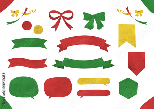 かわいい水彩の吹き出しやリボンのフレームイラストセット（クリスマス・赤・緑・ゴールド）	
