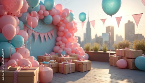 Gender reveal party setup with pink and blue balloons adorning a backdrop. Wrapped gifts and festive banners suggest a celebration of new life. City skyline in background under warm sunset light.