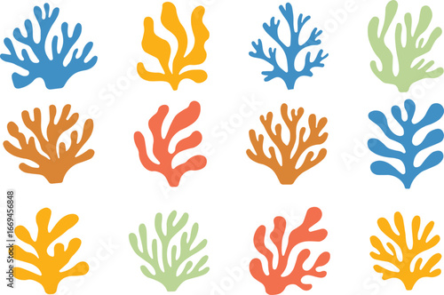 Collection of colorful seaweed and coral vector elements in flat Matisse inspired style, marine flora and ocean plants, abstract coral branches and seaweed fronds for wall art, branding, packaging