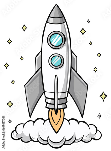 Cartoon rocket ship launching into starry sky with smoke and sparkles