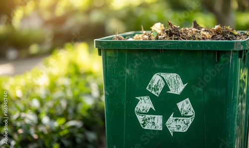 green organic waste compost container featuring the recycling symbol, illustrating sustainable practices for maintaining an eco-friendly and zero-waste lifestyle in both homes, Generative AI