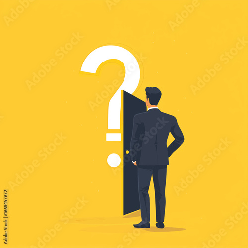 Businessman unlocking opportunity by opening door in question mark