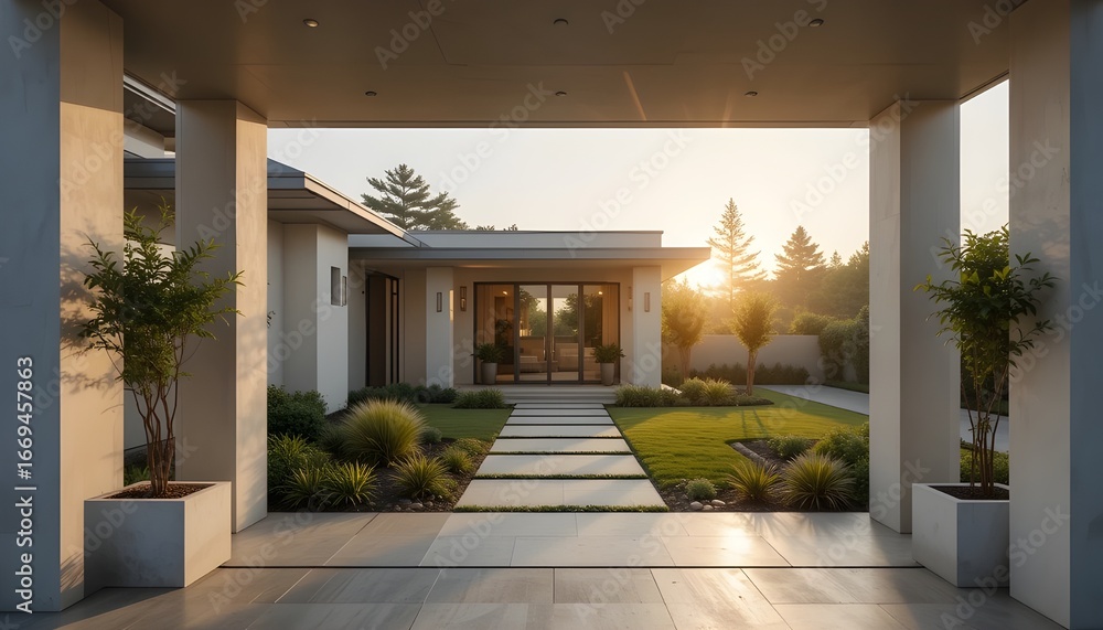 Fototapeta premium A tranquil residential entryway with a modern aesthetic, featuring sleek lines, minimalist architecture, and elegant landscaping that's meticulously manicured during the golden hour of daylight in a s