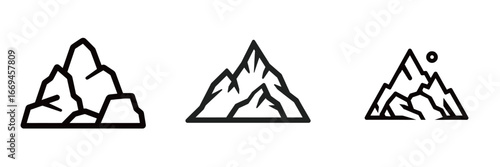Three mountain illustrations display unique styles, each featuring different shapes and details. These designs emphasize the ruggedness and beauty of mountainous terrain in a simple format.