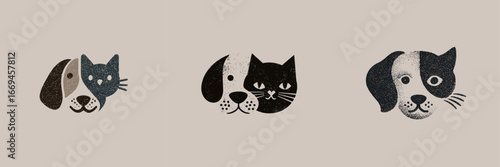 Illustrations showcase a charming dog and cat duo, with playful shapes and vintage-inspired designs. Each pet's unique features enhance their endearing appeal.
